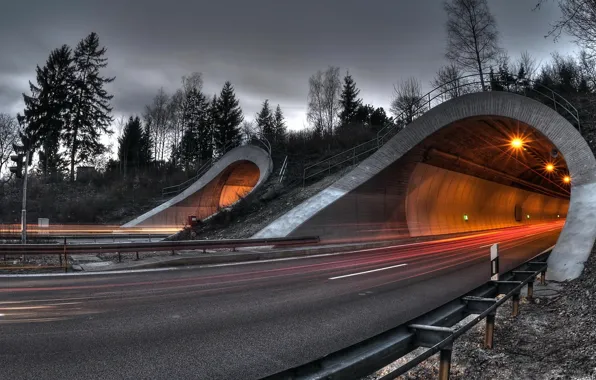 Road, the sky, clouds, light, trees, mountains, the evening, highway