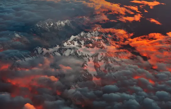 Clouds, mountains, morning, New Zealand, South island, Southern Alps