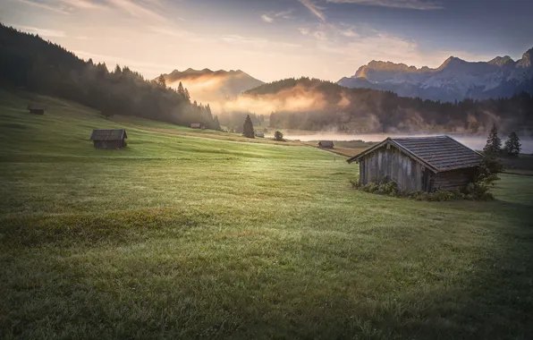 Field, mountains, Alps, houses