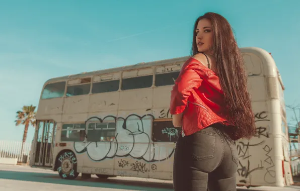 Ass, ass, jeans, jacket, bus, long hair, Rachel Bridge