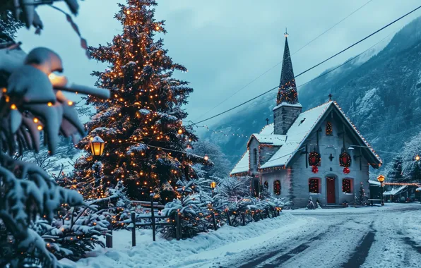 Winter, snow, night, house, Christmas, New year, house, snowfall
