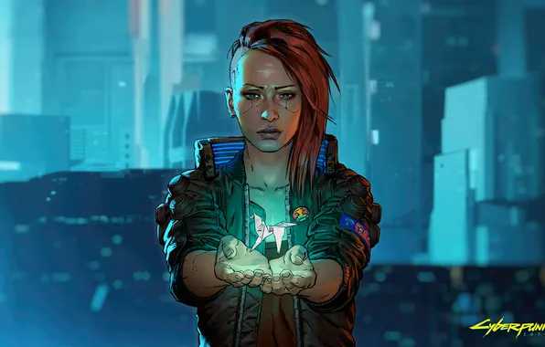 Redhead, origami, CD Projekt RED, Cyberpunk 2077, video games, pierced lip, side shave