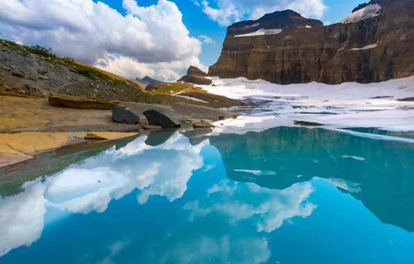 Picture the sky, clouds, snow, lake, reflection, rocks