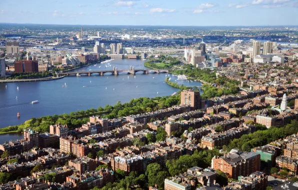 The sky, the sun, clouds, trees, bridge, the city, river, boat
