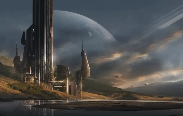 Mountains, planet, tower, station