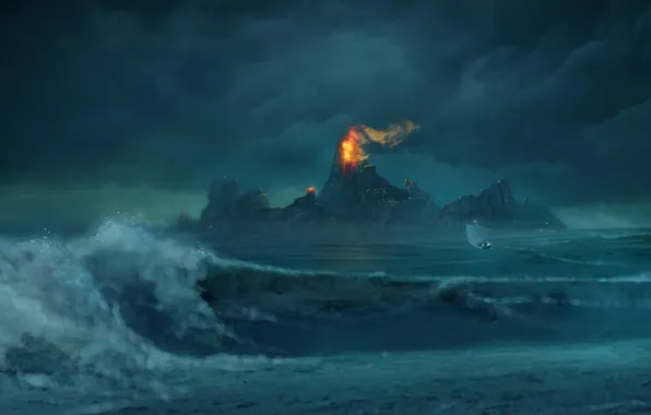 Mountains, fire, boat, Wave, Risen