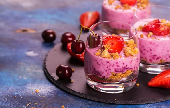 Cherry, Breakfast, strawberry, yogurt, granola