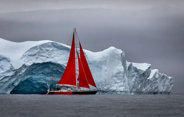 Picture boat, floe, Antarctica, sailboat, the ocean, iceberg, scarlet sails