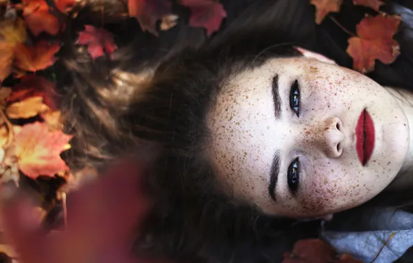 Picture leaves, girl, freckles