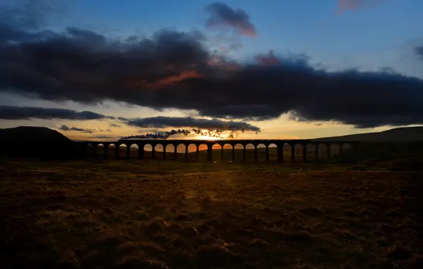 Landscape, sunset, bridge, train