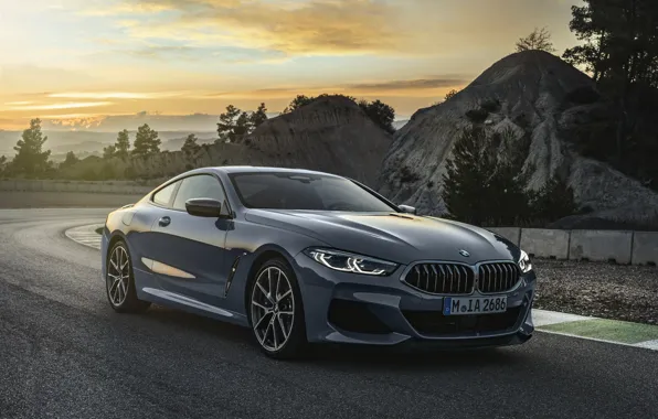 Picture sunset, hills, vegetation, coupe, BMW, Coupe, 2018, gray-blue