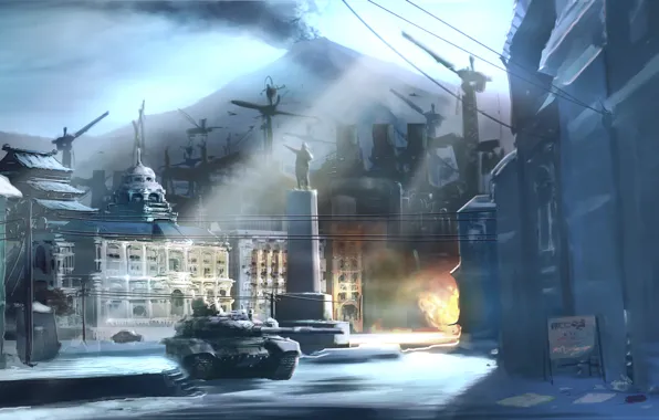 Picture winter, snow, the city, smoke, mountain, the volcano, tank, Devil’s Third