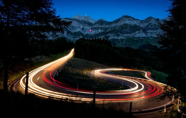 Picture road, mountains, lights