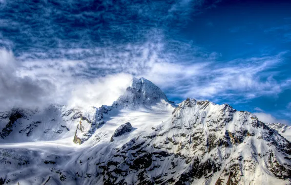 Picture white, the sky, clouds, snow, mountains, rocks, hdr, top