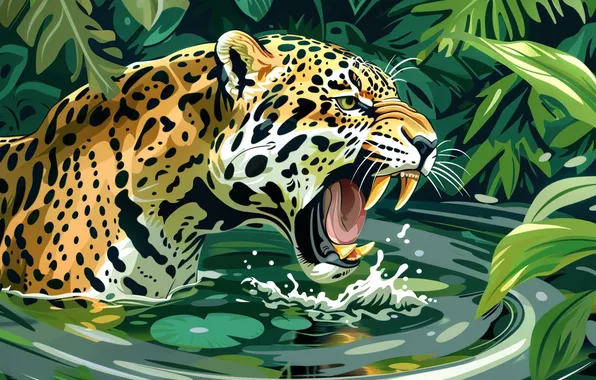 Water, Leaves, Jaguar, Fangs, Face, Predator, Art, Digital art