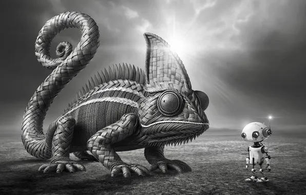 The sun, rays, chameleon, fantasy, fiction, robot, black and white, giant