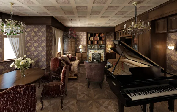Picture design, comfort, interior, piano, living room, dining room, English style