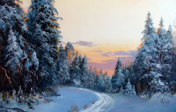 Picture winter, snow, landscape, picture, painting, Winter forest, trees in the snow, Alexander Lednev