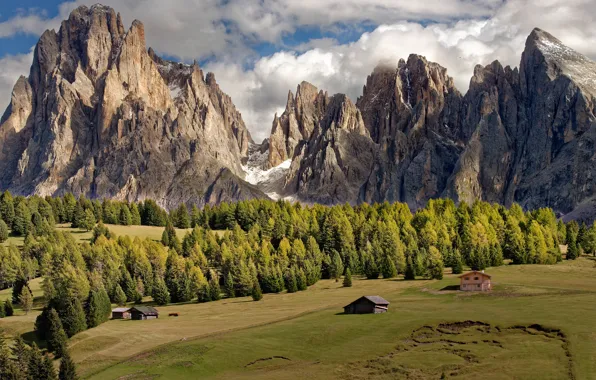Field, forest, mountains, rocks, height, Alps, houses, The Dolomites