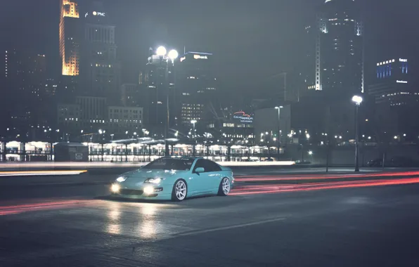 Night, the city, green, Nissan, Nissan, 300zx, fairlady