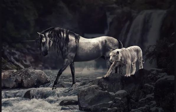 Animals, mountains, nature, tiger, horse, unicorn, waterfalls, retouching