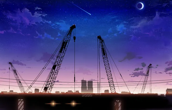 Picture the sky, stars, clouds, landscape, sunset, the moon, crane, anime