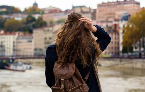 Picture girl, hair, backpack, curls