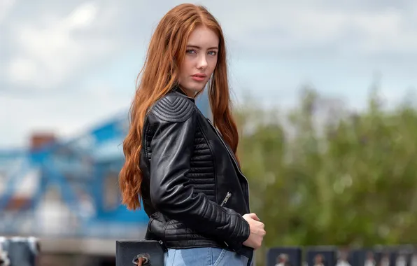 Long hair, blue eyes, women, jeans, redhead, jacket, wavy hair, leather jacket