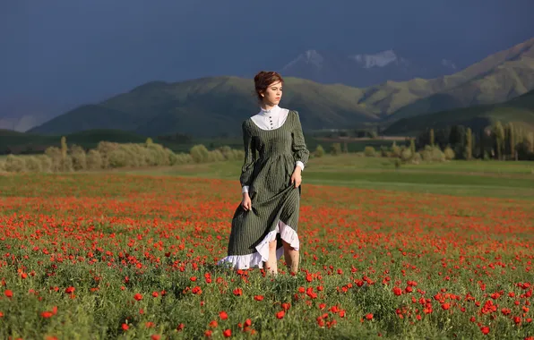 Summer, look, girl, light, flowers, mountains, nature, pose