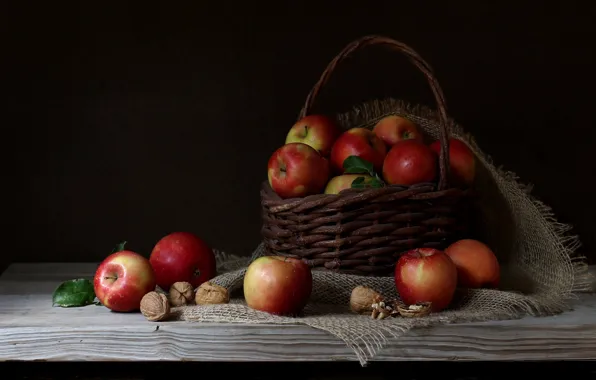 Picture background, apples, nuts, basket