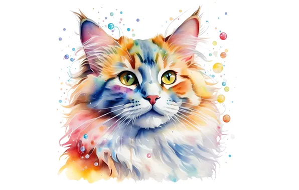 Cat, look, pose, kitty, portrait, watercolor, white background, face