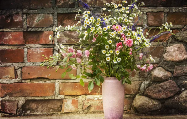Flowers, wall, roses, bouquet, brick, vase, still life, field