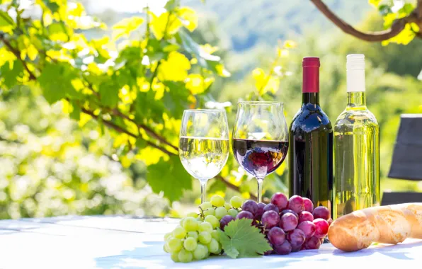 Leaves, wine, red, white, glasses, bread, grapes, baguette