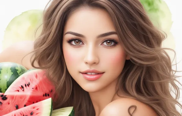 Girl, red, green, green, woman, figure, beauty, watermelon