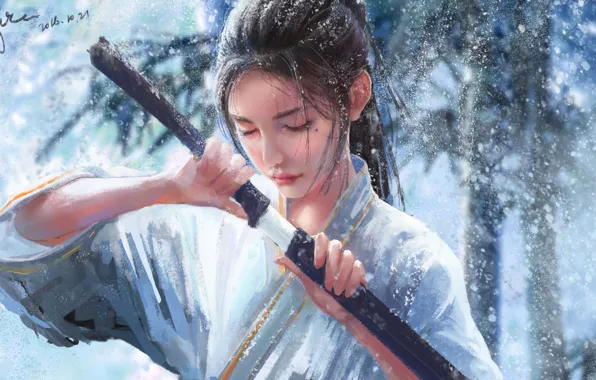 Picture winter, girl, snow, nature, katana, art, by xichechen