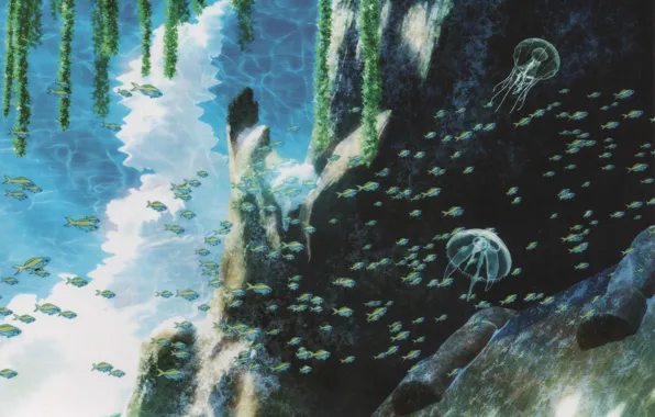Picture fish, glare, rocks, jellyfish, underwater world, like no asukara, Once calm sea, by Hideki Takahashi