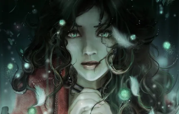 Eyes, girl, face, magic, anime, feathers, art, Aerith Gainsborough