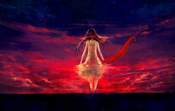 Girl, sunset, scarf, art, nanfe