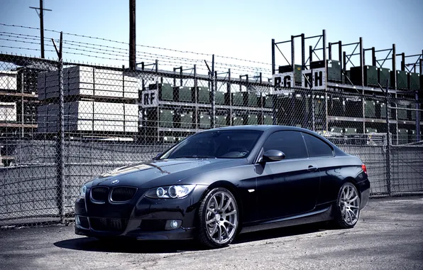 Black, the fence, BMW, BMW, black, Coupe, 335i, E92