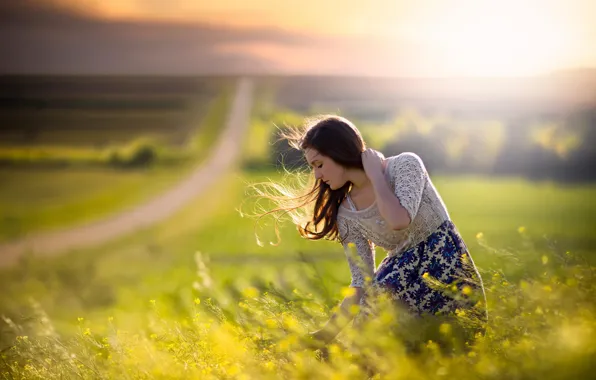 Picture road, field, girl, the wind, space