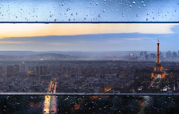 Picture glass, drops, the city, lights, France, Paris, tower, home