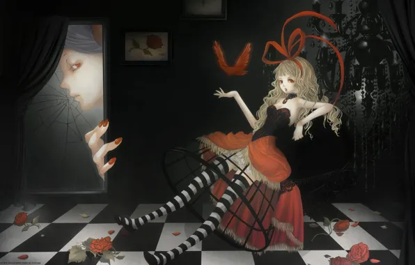 Picture room, web, blonde, corset, bird, sitting, red roses, striped stockings
