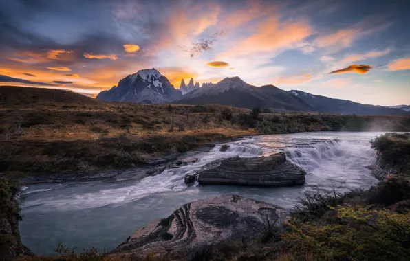 The sky, clouds, sunset, mountains, river, stones, shore, the slopes