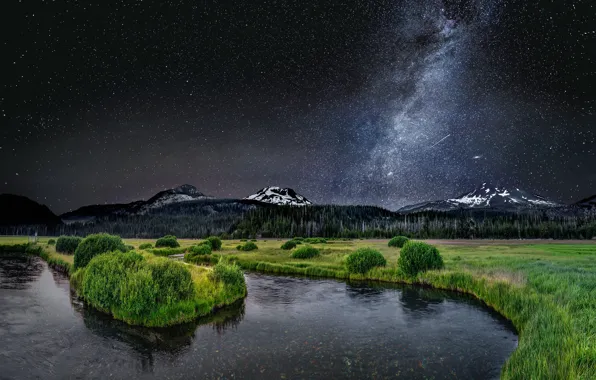 The sky, stars, mountains, night, river, the milky way