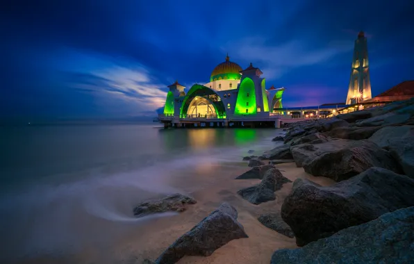 Picture night, lights, mosque, Malaysia, Pulau Melaka
