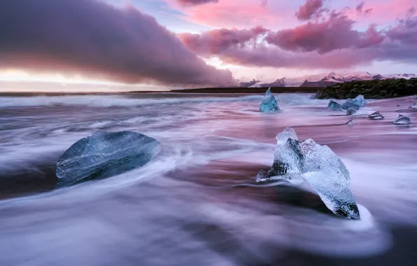 Picture beach, the sky, mountains, nature, ice, morning