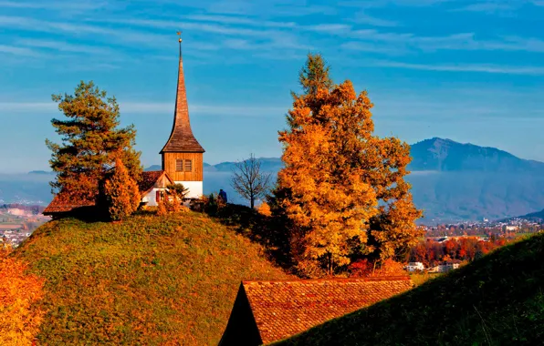 Autumn, trees, mountains, home, Switzerland, valley