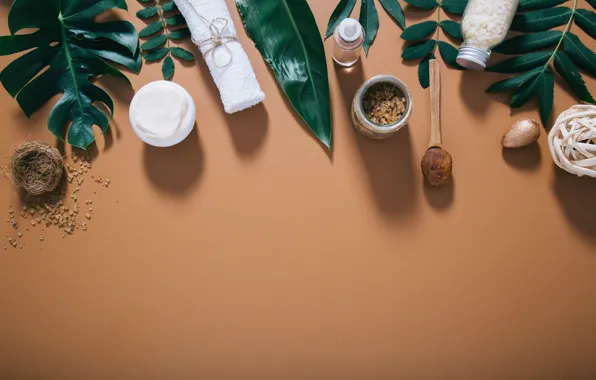 Leaves, relax, towel, plants, spoon, honey, cream, cosmetics