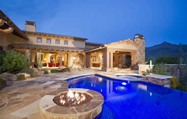Picture style, Villa, the evening, pool, lighting, architecture, terrace