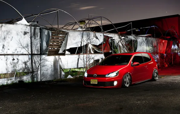 Night, red, volkswagen, red, Golf, golf, gti, low